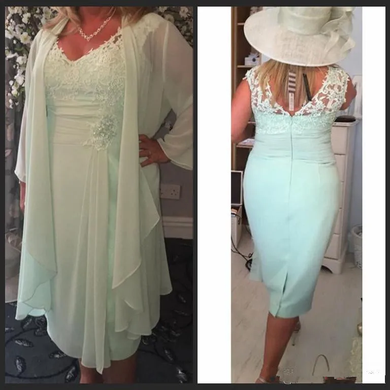 

2019 New Designer Champagne Plus Size Mother of the Bride Dresses Lace Applique 3/4 Sleeves Tea Length Wedding Guest Gown Formal