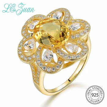 

L&zuan Gold Plated 925 Sterling Silver Flower Rings for Woman Natural 3.43ct Citrine Rings Gemstone Fine Jewelry Christmas Gifts