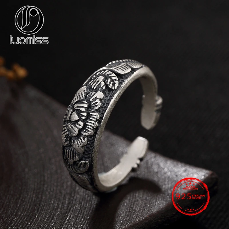

100% S990 Sterling Silver Rings For Women Peony Flowers Design Vintage Unique Ring