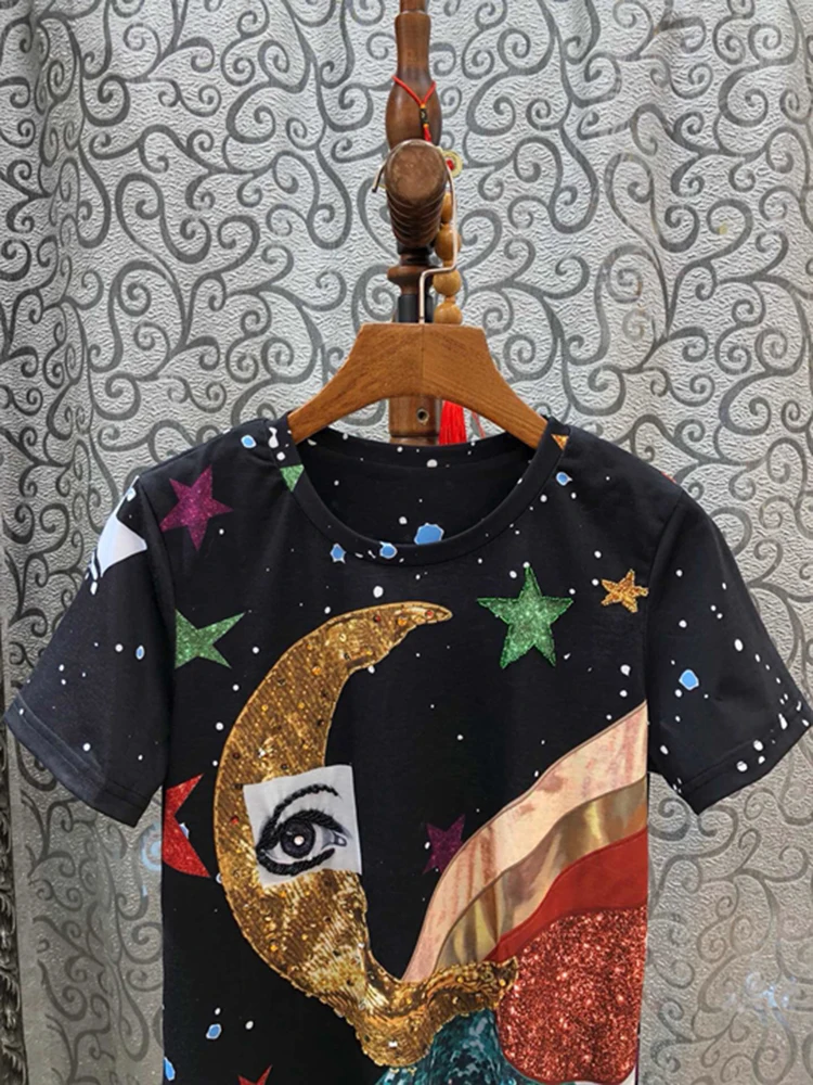 SEQINYY женская футболка летняя новая модная Высококачественная Черная хлопковая Футболка с принтом в виде кристаллов глаз луны и звезд