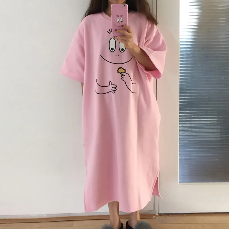 Сексуальная ночная рубашка женская модная Новая розовая пижама с рисунком милое Свободное длинное платье с длинными рукавами ночная рубашка