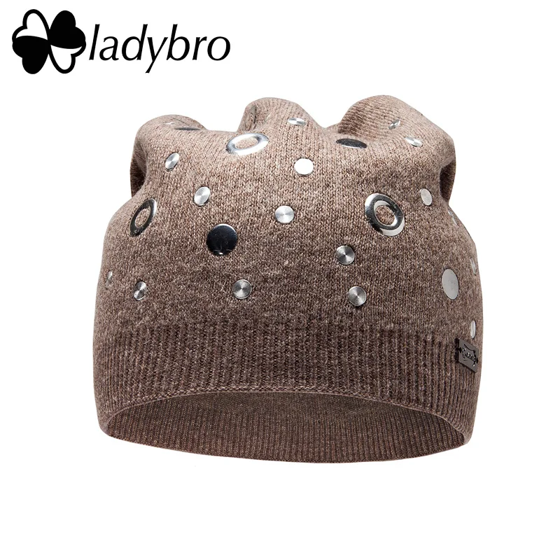 Ladybro двухслойная шляпа с заклепками, женская шапка бини, шерстяная шапка, женская зимняя вязаная шапка, крутая Дамская мода, теплая шапка, бренд