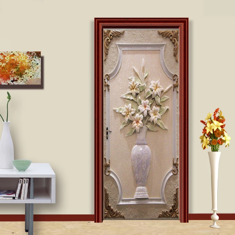 3d наклейка на дверь, печать на холсте, винтажная рельефная ваза, картина, самоклеющаяся, водонепроницаемая, креативное украшение для дома, холст, паста, произведение искусства