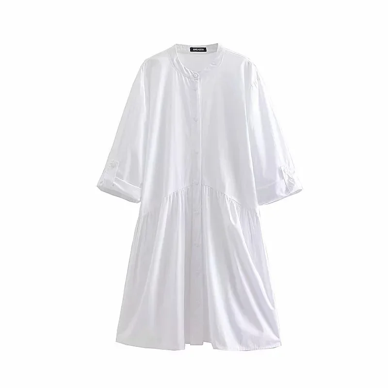 

2019 Europe And The United States Style Summer New Arrival Slim Stand Collar 3/4 Sleeve Shirt Style Women Dresses Free Shipping