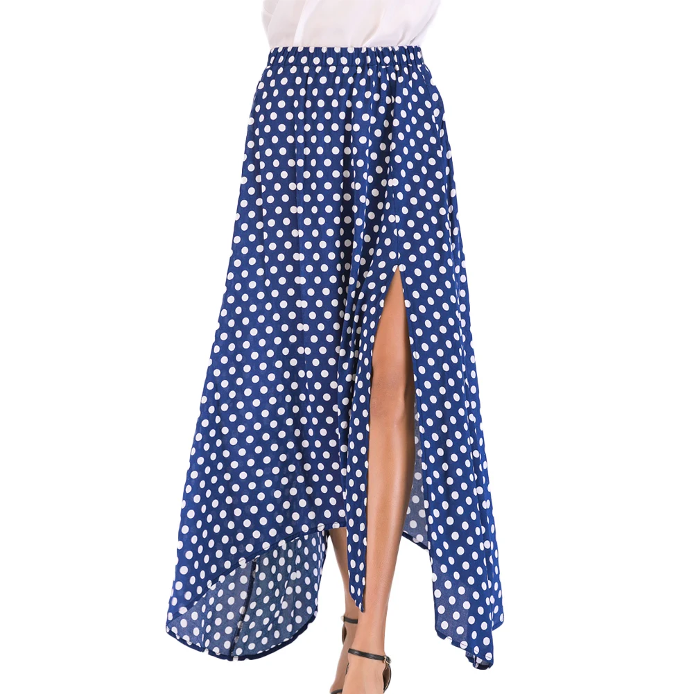 

New Vintage Women Polka Dot Maxi Skirt Side Slit Asymmetric Hem Summer Lady Retro Sexy Long Skirt for Women 2019 High Waist Blue