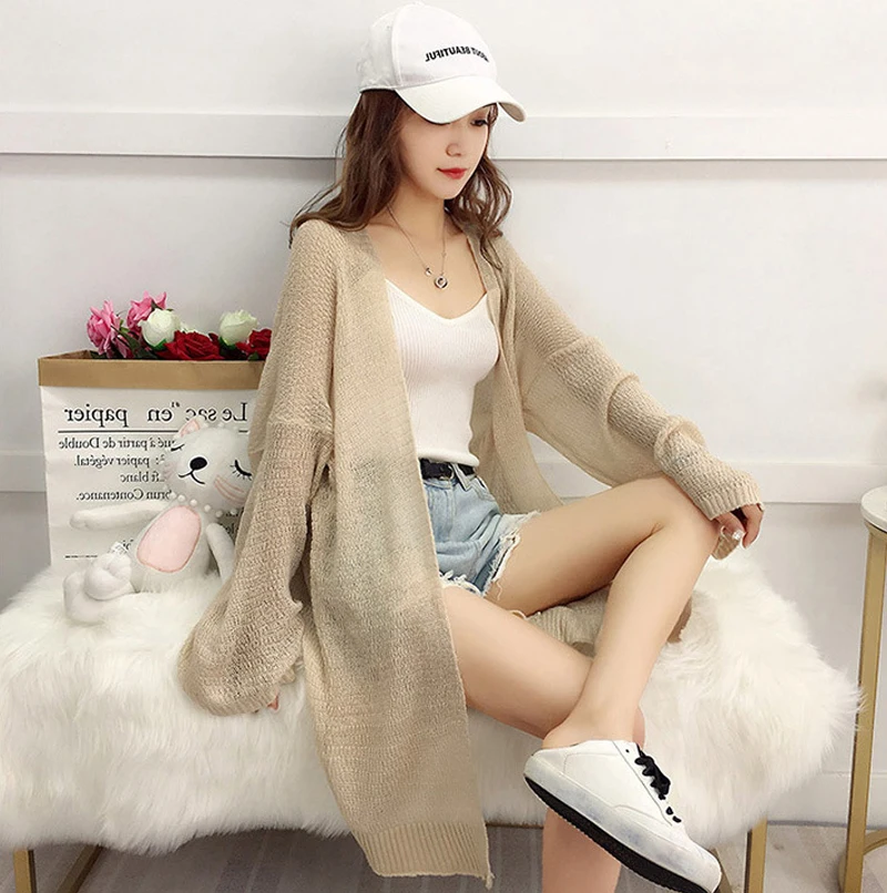 

2019 Korean Style Women Spring Cardigan Long Knitted Ladies Outwear Cardigans Transparent Sweater