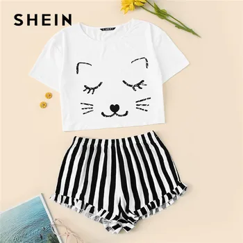 

SHEIN Cat Print Crop Tshirt And Striped Shorts Pajamas Set Women 2019 Summer Casual Cute Round Neck Short Sleeve Sleepwear