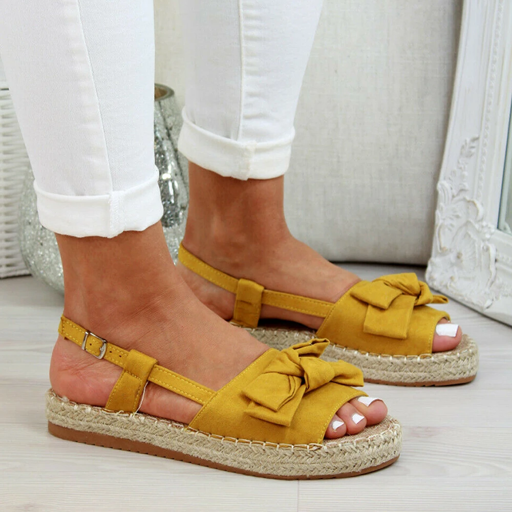 

Peep Toe Bowknot Buckle Strap Shoes Woman Summer Platform Sandals Sandalia Feminina Hemp Flock Flats Casual Shoes