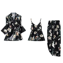 Новые модные женские туфли, одежда для сна, отделка с сатиновым топом комплекты Для женщин принт, пижамы, одежда для сна, модные длинные штаны, одежда для сна, комплект из 3 предметов,#4