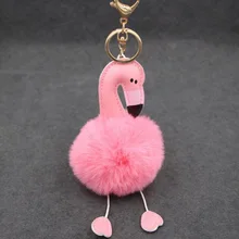 

2018 Cute pompom keychain flamingo key chain fluffy fake rabbit fur ball women car bag pompon key ring pom pom holder Christmas