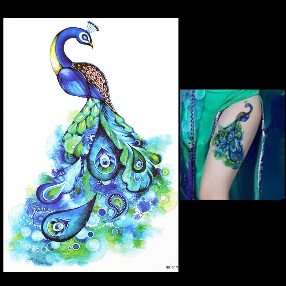 072 30 De Réduction1 Pc Belle Décalcomanie 3d Tatouage Temporaire Pour Femmes Hommes Hb519 Vif Noble Paon Vert Plume Design Tatouage Autocollant