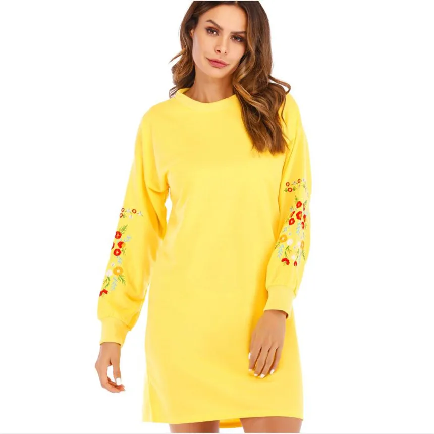 

Women Dress 2018 O Neck Embroidery Long Sleeve Cotton Mini Sweatshirt Dress Autumn Winter Female Casual Black White Dresses