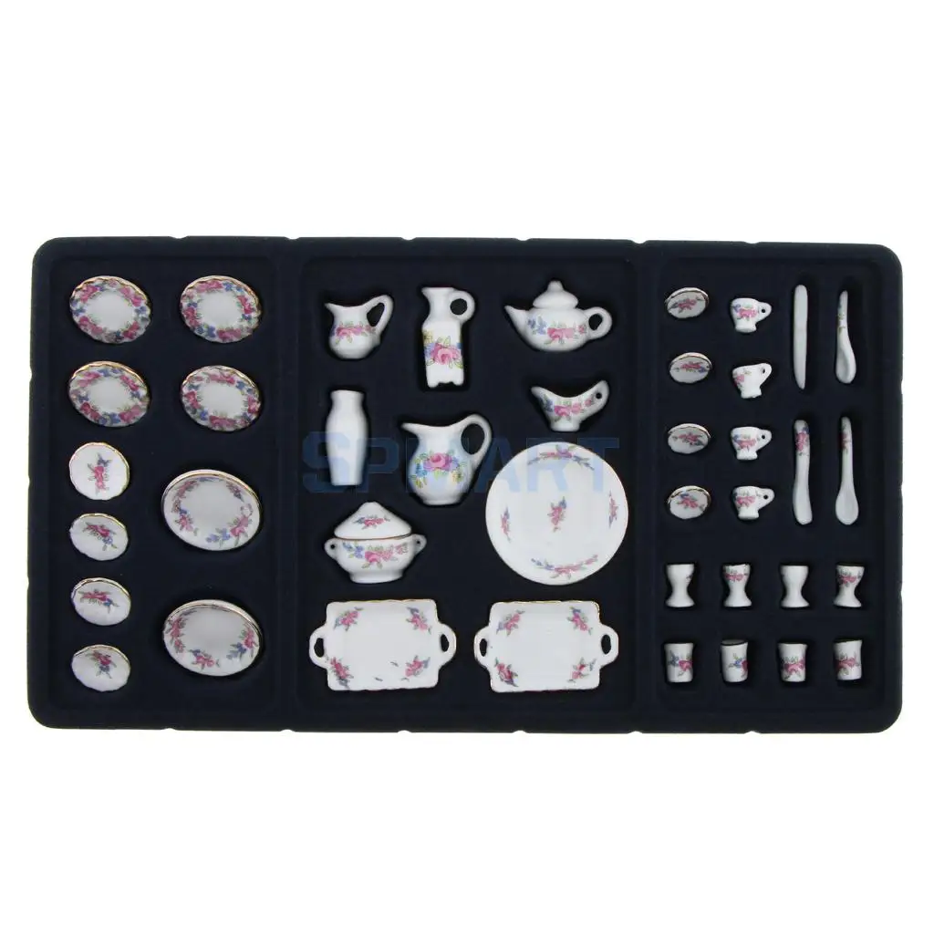 40 Pieces 1/12 Scale Rose Flowers Porcelain China Tea Set Pot Cup Saucer Plate for 12th Dolls House Decoration Accessories
