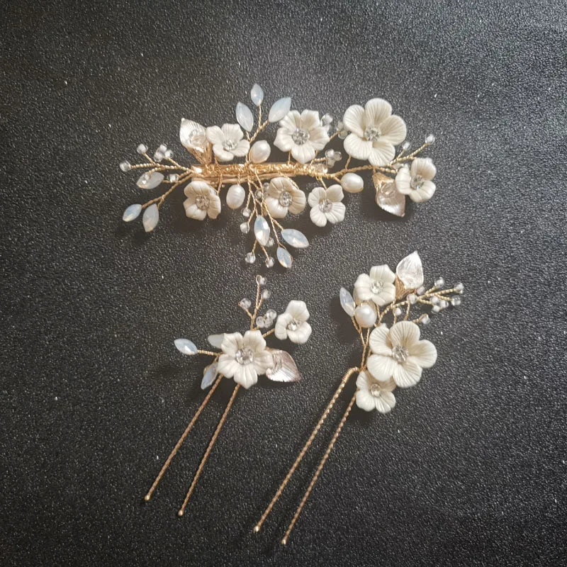 SLBRIDAL Crystal Rhinestone Freshwater Pearls Ceramic Flower Bridal Wedding Hair Clip Barrettes Hair Pins Stickers Women Jewelry