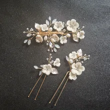 SLBRIDAL Crystal Rhinestone Freshwater Pearls Ceramic Flower Bridal Wedding Hair Clip Barrettes Hair Pins Stickers Women Jewelry