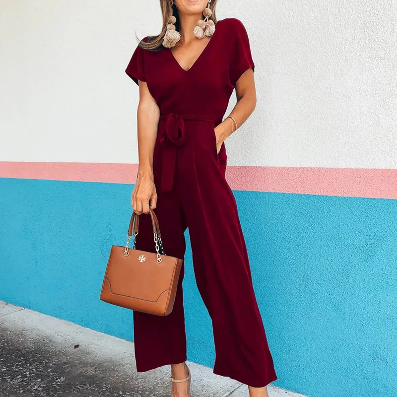 

Summer Fashion Short Sleeve Long Romper Women Casual solid Color Jumpsuit Wide Leg Trousers V Neck Beach Slim Playsuit