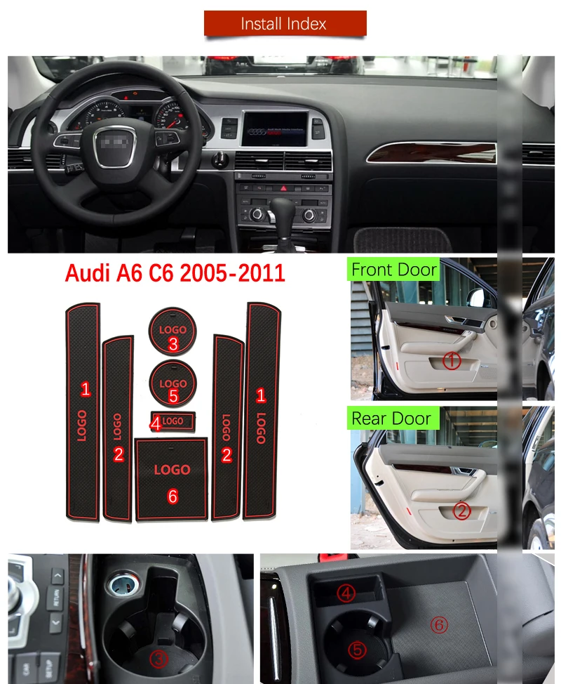 Противоскользящий резиновый коврик для кружек с прорезями Audi A6 C6 2005 2011 4F RS6 S6 S line RS