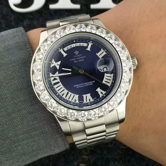 Золотые часы с большим бриллиантом, бренд Iced Out, день, дата, президент, 2813, наручные часы, Бизнес Reloj A, топ, Элитный Мужской дизайнерский часы - Цвет: Золотой