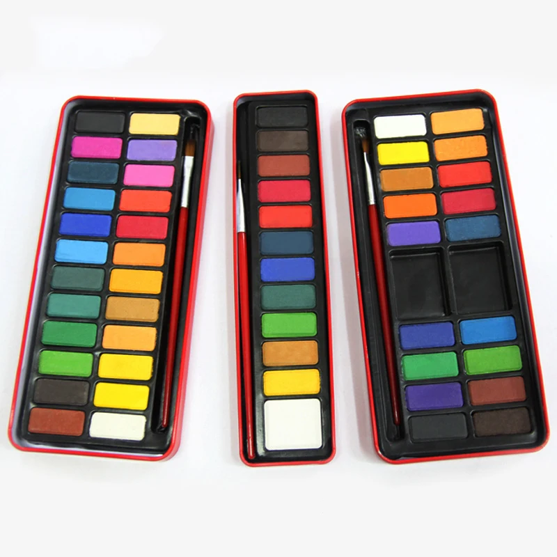 

12/18/24 Colors Portable Solid Watercolor Set Drawing Paints Set with Paint Brush Red Iron Box Watercolors Art Supplies Pigment
