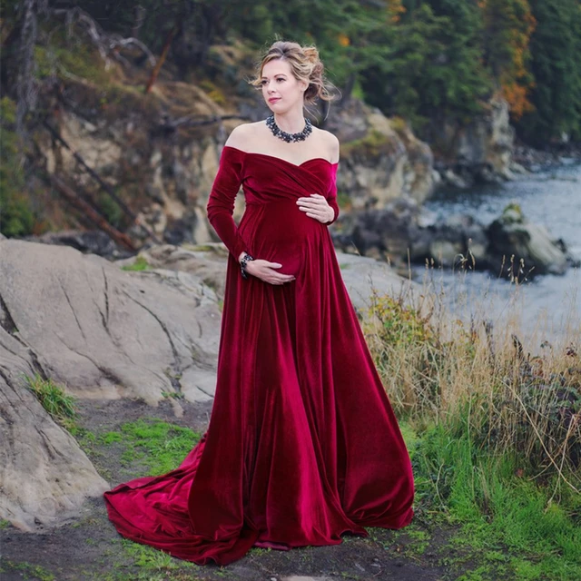 Le Couple Velvet Winter Maternity Photo Dress Baby Shower Long Dress