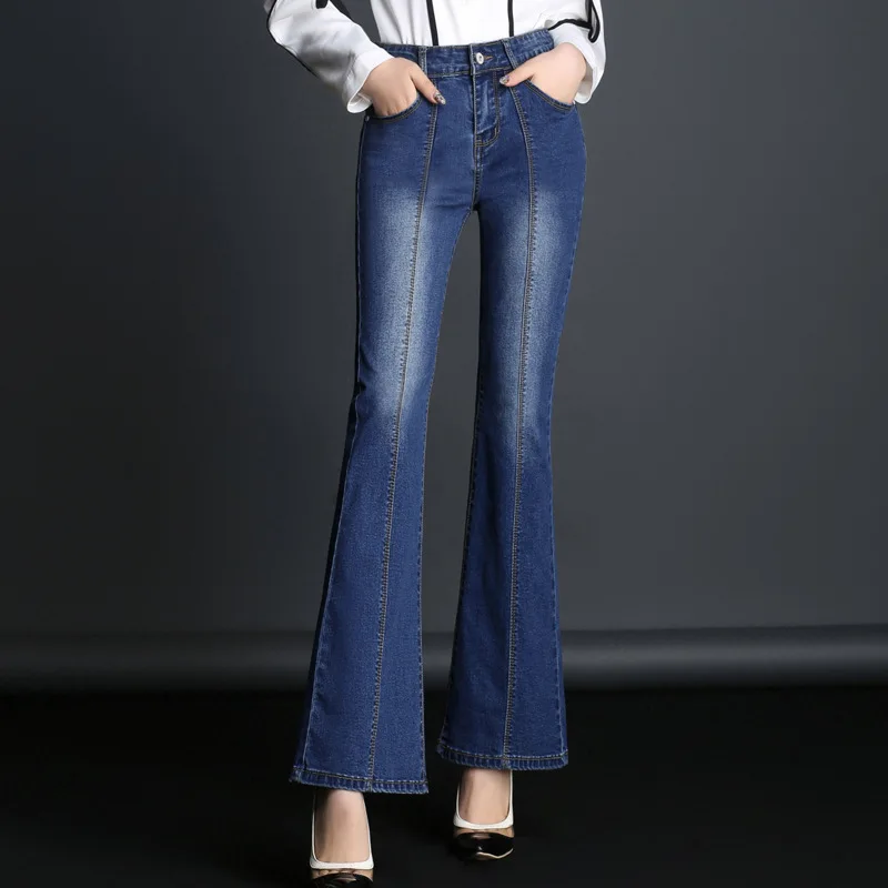 #2930 Spring Autumn Fashion Bell-bottoms Jeans Women Mid-Waist Basic Women Long Jeans Elegant Slim Formal Flared Jeans Blue