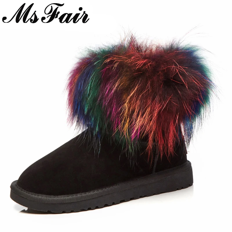 

MSFAIR Women Snow Boots Mixed Colors Round Toe Flat Heel Ankle Boots Women Boot Winter Wool Keep Warm Cotton Snow Boots For Girl