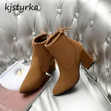 kjstyrka botas botines mujer 2018 fashion cross tied autumn winter casual flock ankle women boots chunky