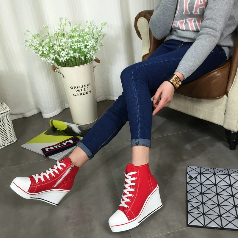 Женские холщовые ботинки со шнуровкой на высокой танкетке|shoe ark|shoe show shoesshoes clean |
