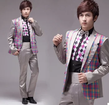 

Free shipping mens silver grey colorfuly check pattern printing tuxedo jacket stage performance/event suit
