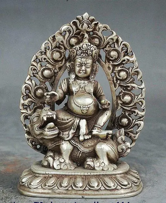 Old Tibetan Buddhism Silver Vaishravana On Lion Protector Deity Statue Figurine | Дом и сад