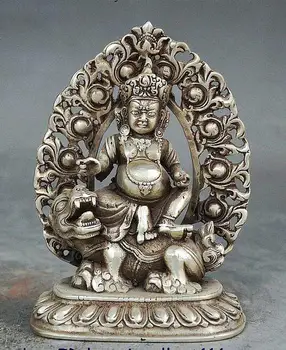 

Old Tibetan Buddhism Silver Vaishravana On Lion Protector Deity Statue Figurine