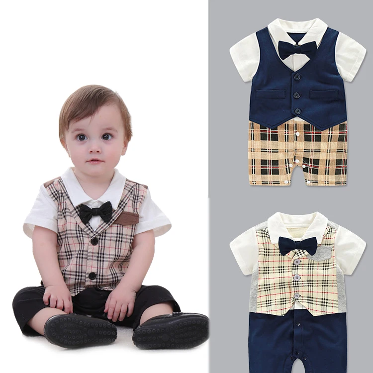 

Fairy Baby Boy Clothes Summer Wedding Party Formal Outfit Short Sleeve Tuxedo Plaid Gentleman Outfit for Baby Newborn Rompers