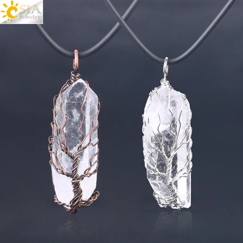 

CSJA Natural Crystal Pillar Big Pendants Antique Copper Wire Wrapped Tree of Life Quartz Pendant for Necklace Leather Chain F554