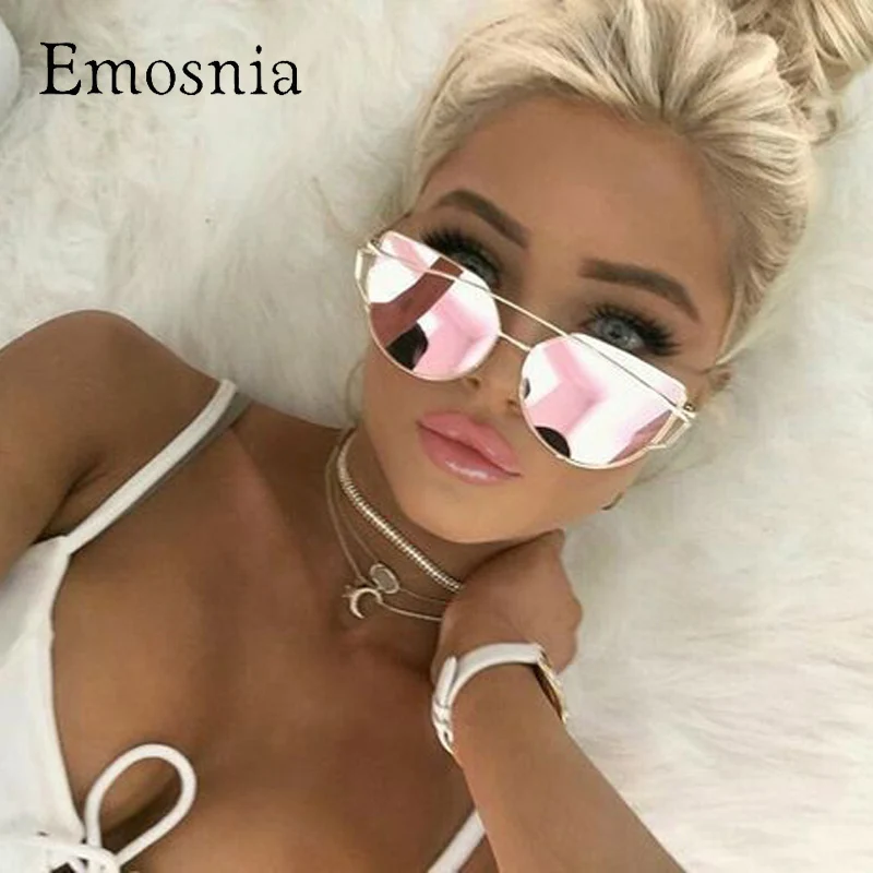 Женские зеркальные очки кошачий глаз Emosnia розовые солнцезащитные в