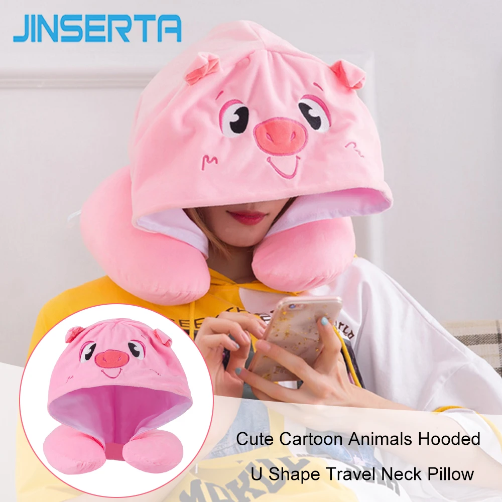 

JINSERTA Cute Animals Hooded U Shape Travel Pillow Headrest Neck Pillow for Car Travel Flight Trip Home Office Sleep