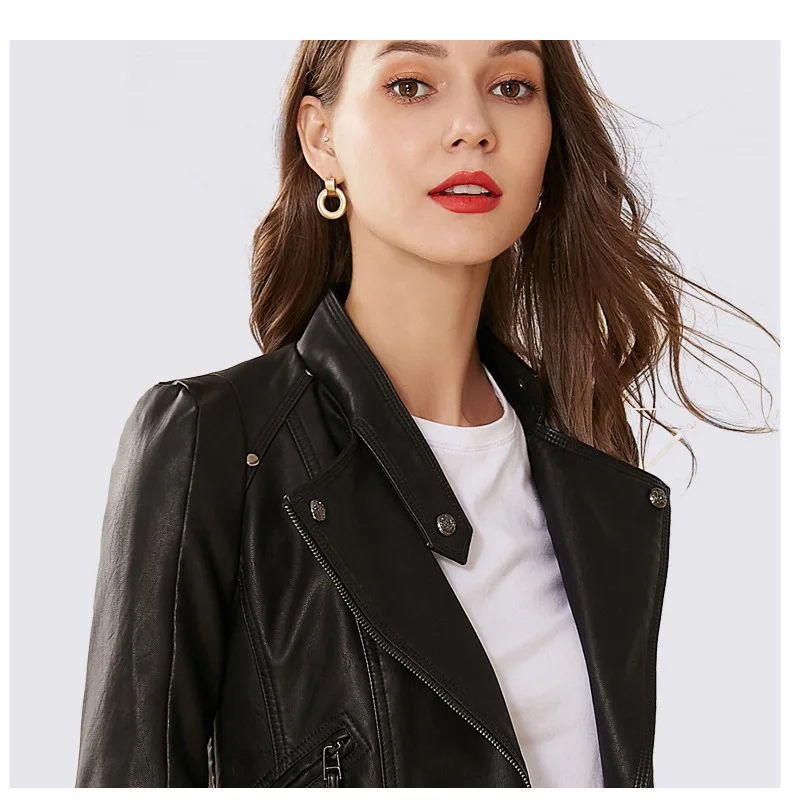 Fashion Solid Women Faux Leather Jacket Turn-down Collar Slim Jackets and Coats Office Lady Motorcycle Overcoat