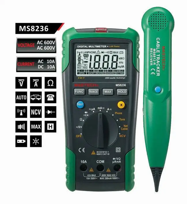 MASTECH MS8236 Digital Auto Range Multimeter LAN Tester Net Cable