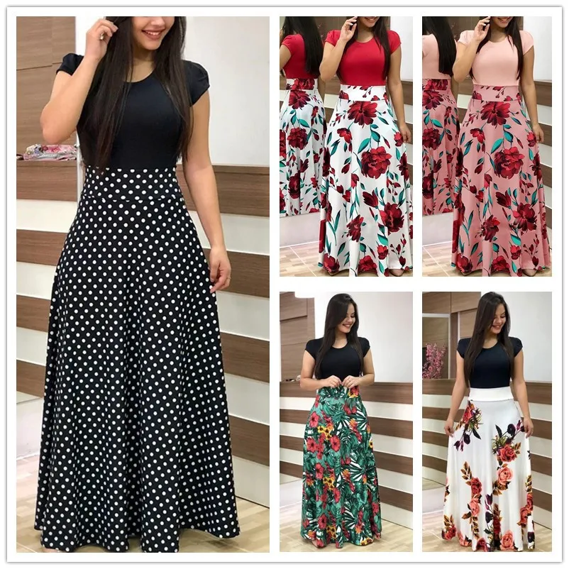 

S-5XL Plus Size Women Long Dress Boho Summer Short Sleeve Splice Dot Floral Print Dresses Casual Maxi Dresses Robe Sexy Vestidos