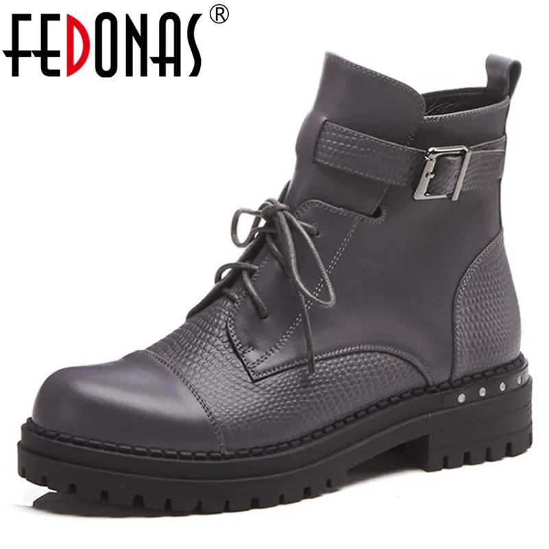 

FEDONAS 2018 Punk Women Genuine Leather Thick High Heeled Ankle Boots Zipper Autumn Winter Martin Shoes Woman Motorcycle Boots