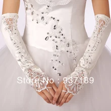Модные Свадебный сатиновый кружевные бусины митенки для невесты 2 цвета белый/слоновая кость
