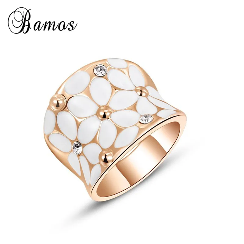 

Bamos White/Rose Gold Color Big Finger Ring Unique White Enamel Flower Ring Luxury Wedding Rings For Women Fashion Jewelry
