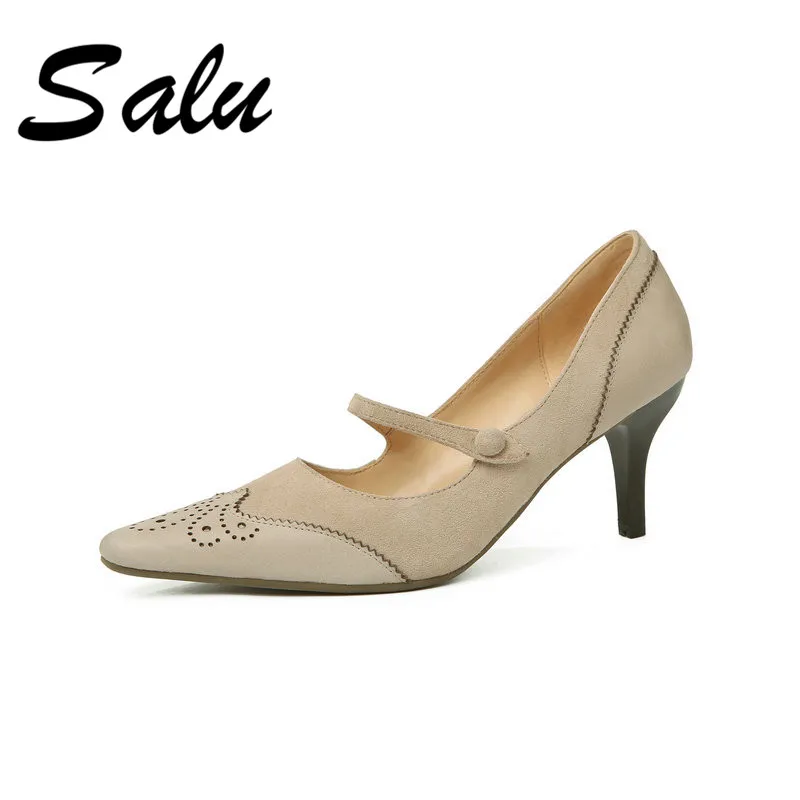 

Salu 2019 top quality genuine leather women pumps round toe shallow summer shoes solid colors elegant wedges shoes woman