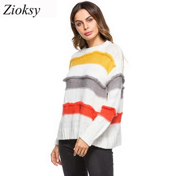 

Autumn Winter Knitted Pullover Sweater Striped Jumper Casual Fashion Round Neck Long Sleeve Loose Women Sweater