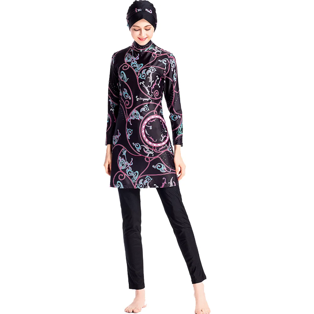 

2019 Women Printed Floral Full Cover Conservative Swimsuit Muslim Swimwear Women Islamic Hijab Beachwear Bathing Suit Plus Size