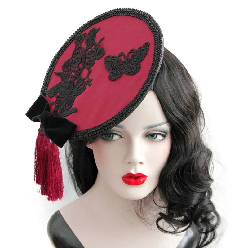 

Fascinator Gothic Red Fan Round Lace Flower Butterfly Bow Tassel Women Hat Hair Clip Pin Hairpin Headwear Barrette Costume Ball