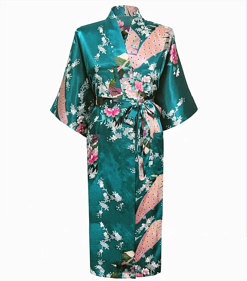 Светло-голубой шелковый халат из искусственного шелка платье для женщин для свадьбы, невесты, подружки невесты халат ночная рубашка ночное белье цветочное кимоно плюс размер 3XL YF3030 - Цвет: Dark green