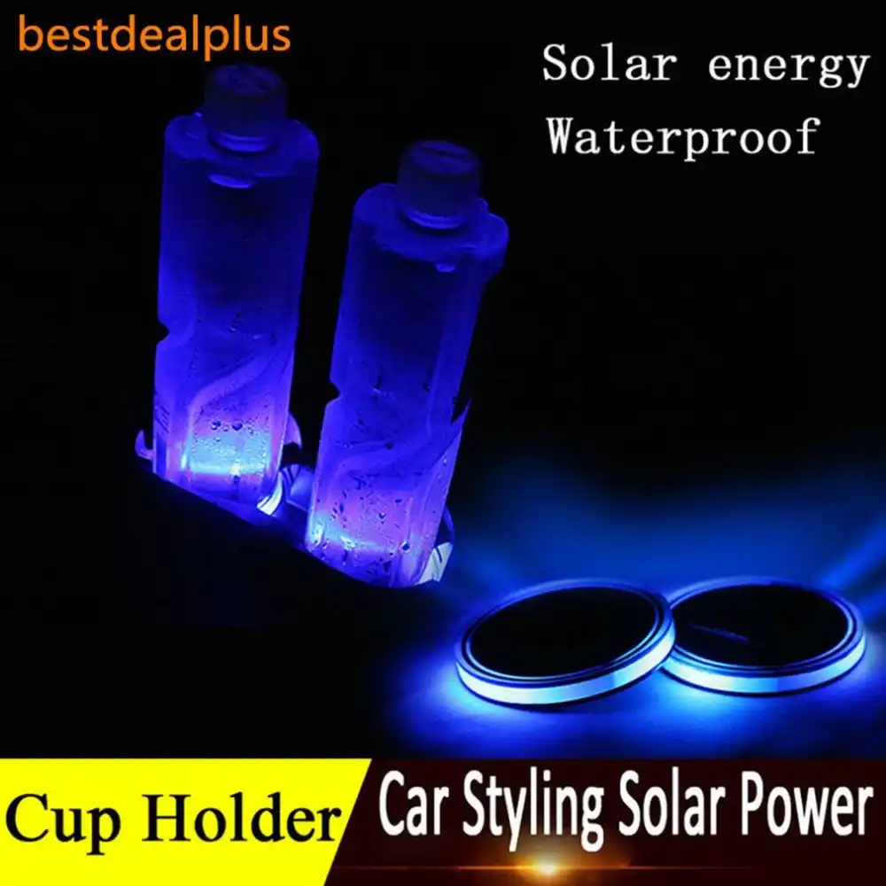 Car 2pcs Solar Cup Holder Bottom Drinks Pad Mat Blue LED Atmosphere Light Trim