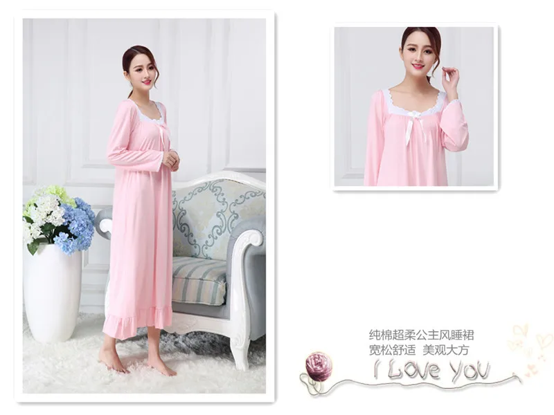 Весенний модальный длинный рукав свободная длинная ночная рубашка корейское платье для сна Розовая белая принцесса размера плюс женская сексуальная ночная рубашка