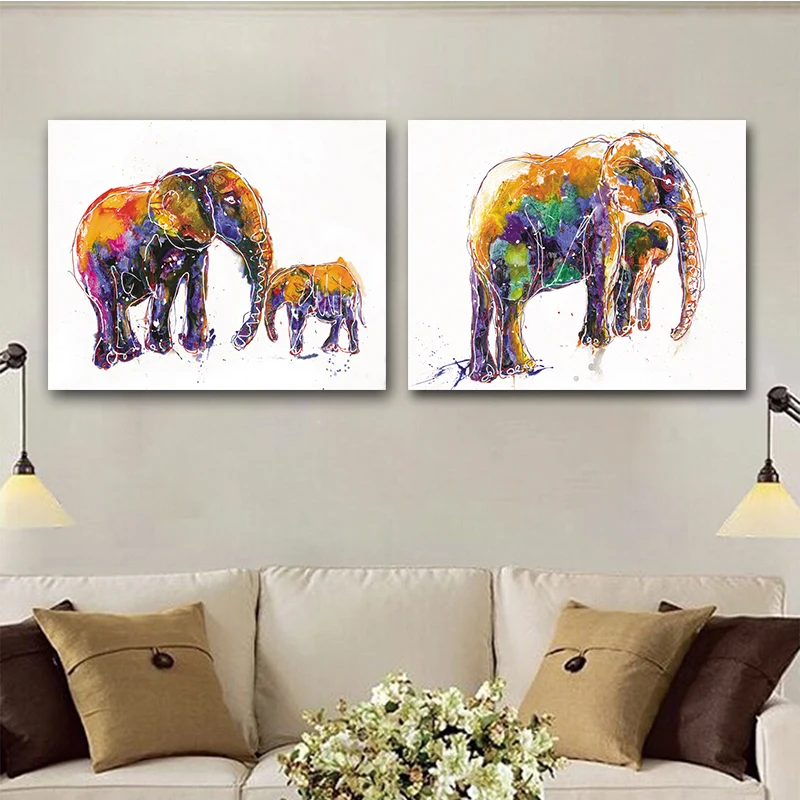 

Oil Painting Two Elephant Animal Landscape Pop Art Poster and Print Abstract Art Wall Picture for Living Room Decor on Canvas