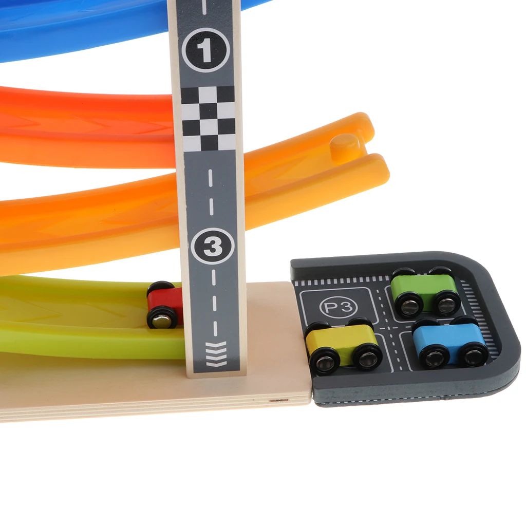 Wooden Inertial 4-Layer Colorful Ramp Race Track & Racing Car Playset Wooden Toy Baby Fine Motor Skill Developmental